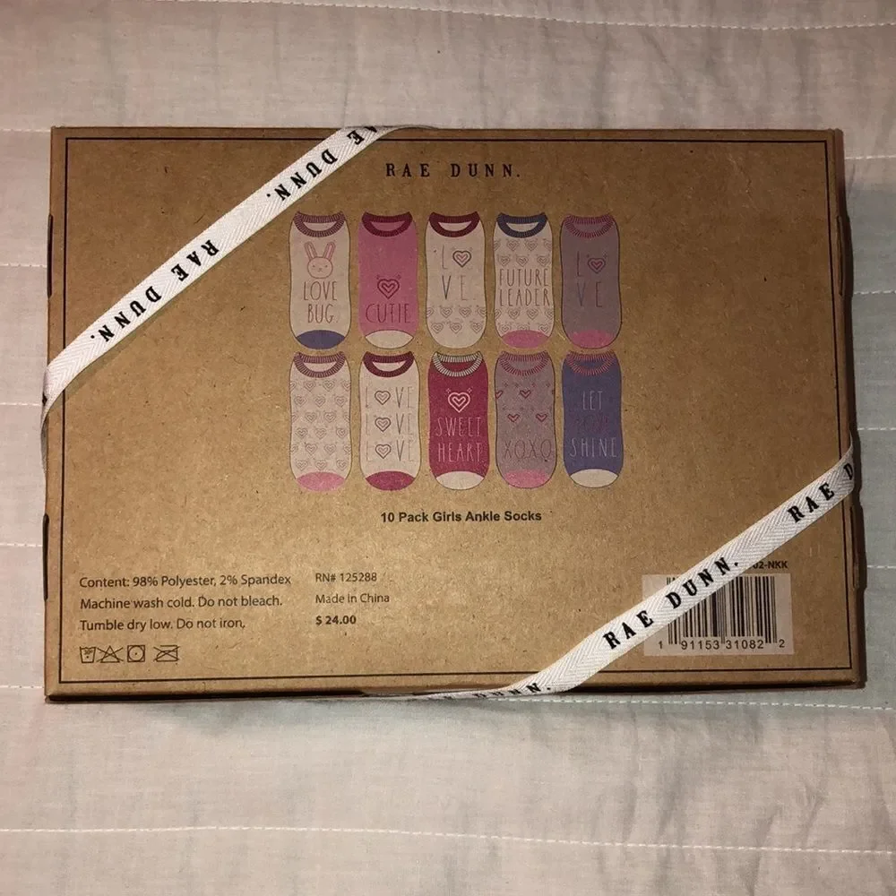 Rae Dunn socks ankle pack of 10 love theme girls shoe size 9-13/6.5-7
